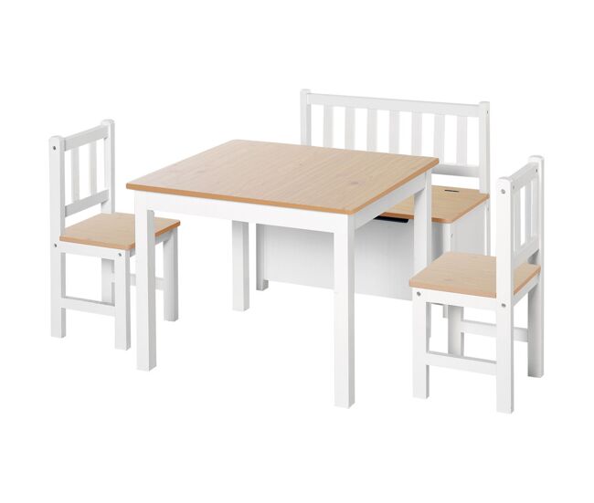 Homcom mesa y sillas infantiles de 4 piezas mesa infantil con 2 sillas y banco con almacenaje juego de muebles para actividades para niños de +3 años para dormitorio sala de juegos blanco y natural