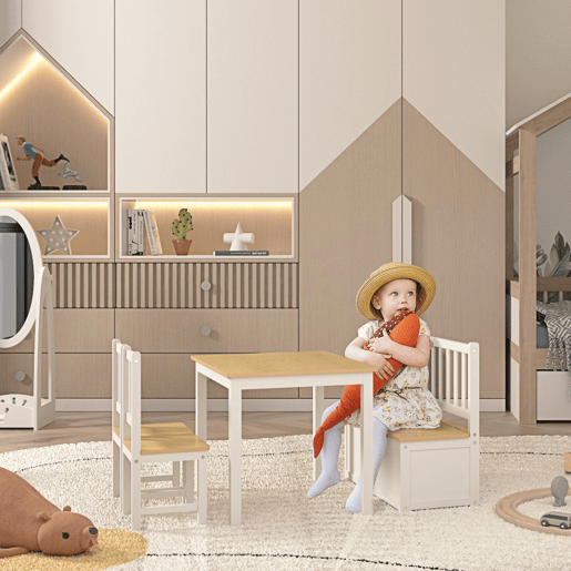 HOMCOM Conjunto Infantil de Mesa 2 Cadeiras e Banco com Armazenamento Móveis Infantil para Sala de Jogos Dormitório Branco e Natural