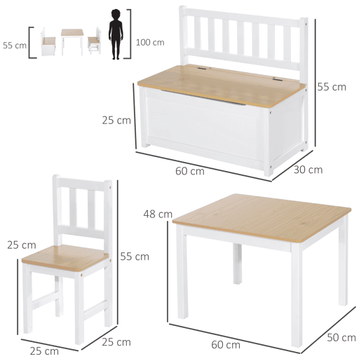 HOMCOM Conjunto Infantil de Mesa 2 Cadeiras e Banco com Armazenamento Móveis Infantil para Sala de Jogos Dormitório Branco e Natural