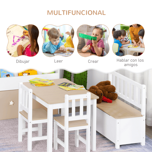 HOMCOM Conjunto Infantil de Mesa 2 Cadeiras e Banco com Armazenamento Móveis Infantil para Sala de Jogos Dormitório Branco e Natural