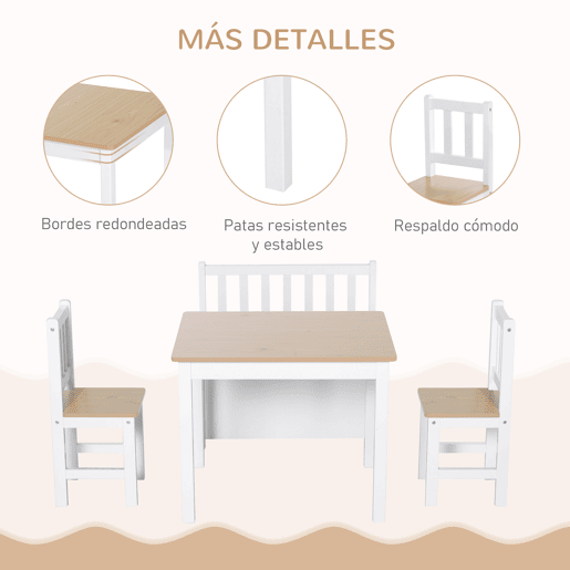 HOMCOM Conjunto Infantil de Mesa 2 Cadeiras e Banco com Armazenamento Móveis Infantil para Sala de Jogos Dormitório Branco e Natural