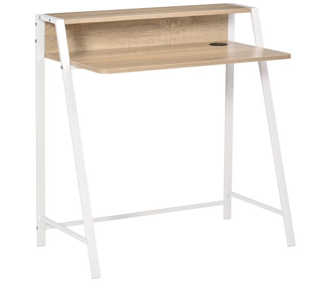 Homcom escritorio mesa de ordenador 84x45x85 cm con encimera de madera y patas de metal estilo moderno para oficina estudio dormitorio carga 20 kg roble