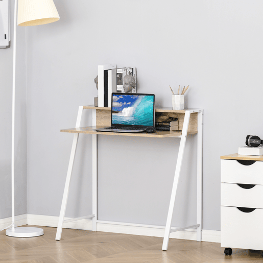 HOMCOM Secretária Mesa de Computador 84x45x85cm com Bancada de Madeira e Pés de Metal Estilo Moderno para Escritório Estúdio Dormitório Carga Máxima 20kg Carvalho e Branco