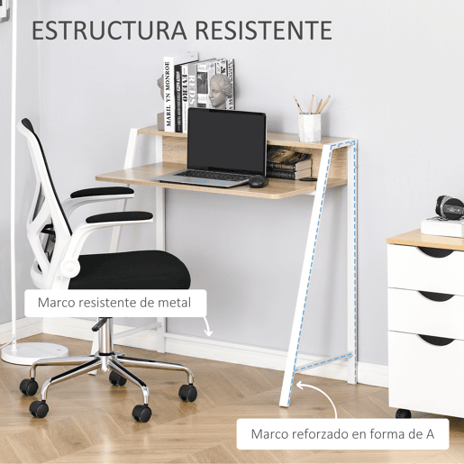 HOMCOM Secretária Mesa de Computador 84x45x85cm com Bancada de Madeira e Pés de Metal Estilo Moderno para Escritório Estúdio Dormitório Carga Máxima 20kg Carvalho e Branco