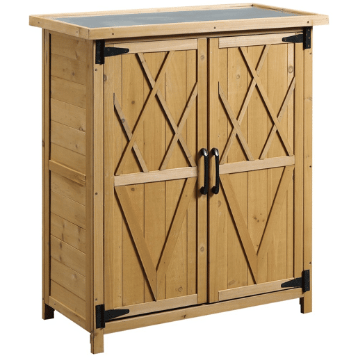 Outsunny Abrigo de Jardim em Madeira, 75x40x90 cm, Cobertura Exterior para Armazenamento de Ferramentas, com 4 Prateleiras, 2 Portas e Telhado de Aço Galvanizado, Cor Natural