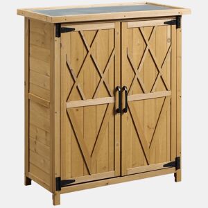 Outsunny Abrigo de Jardim em Madeira, 75x40x90 cm, Cobertura Exterior para Armazenamento de Ferramentas, com 4 Prateleiras, 2 Portas e Telhado de Aço Galvanizado, Cor Natural