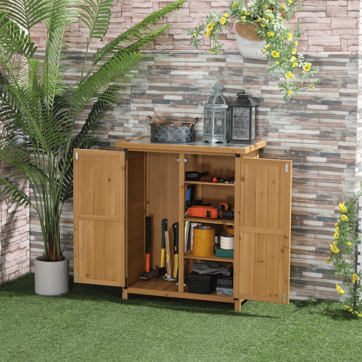 Outsunny Abrigo de Jardim em Madeira, 75x40x90 cm, Cobertura Exterior para Armazenamento de Ferramentas, com 4 Prateleiras, 2 Portas e Telhado de Aço Galvanizado, Cor Natural