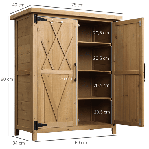 Outsunny Abrigo de Jardim em Madeira, 75x40x90 cm, Cobertura Exterior para Armazenamento de Ferramentas, com 4 Prateleiras, 2 Portas e Telhado de Aço Galvanizado, Cor Natural