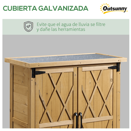 Outsunny Abrigo de Jardim em Madeira, 75x40x90 cm, Cobertura Exterior para Armazenamento de Ferramentas, com 4 Prateleiras, 2 Portas e Telhado de Aço Galvanizado, Cor Natural