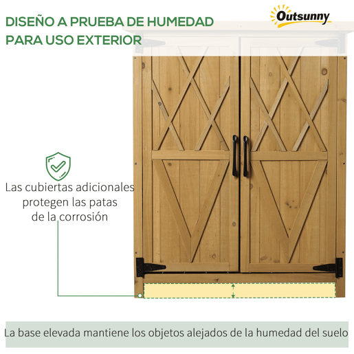Outsunny Abrigo de Jardim em Madeira, 75x40x90 cm, Cobertura Exterior para Armazenamento de Ferramentas, com 4 Prateleiras, 2 Portas e Telhado de Aço Galvanizado, Cor Natural