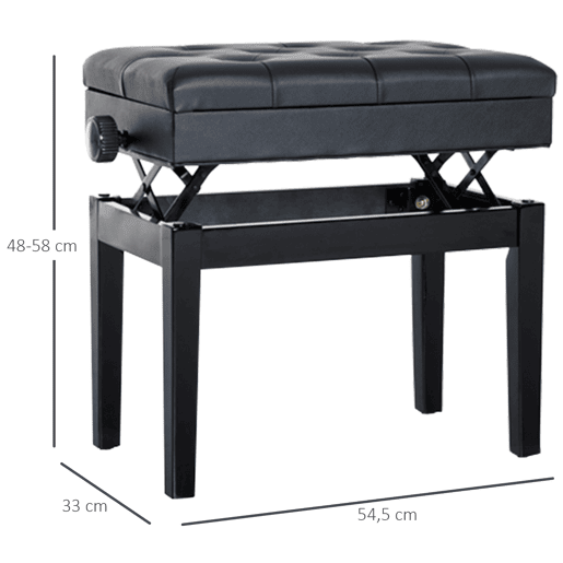 HOMCOM Banco de Piano com Espaço de Armazenamento e Altura Ajustável Banco para Piano com Assento Acolchoado Carga 200 kg 54,5x33x48-58 cm Preto