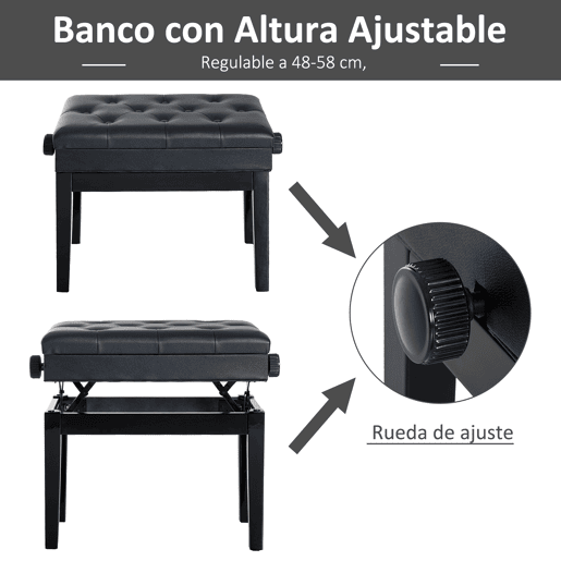 HOMCOM Banco de Piano com Espaço de Armazenamento e Altura Ajustável Banco para Piano com Assento Acolchoado Carga 200 kg 54,5x33x48-58 cm Preto