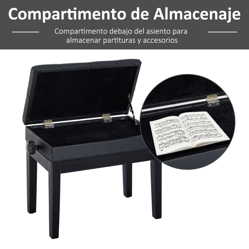 HOMCOM Banco de Piano com Espaço de Armazenamento e Altura Ajustável Banco para Piano com Assento Acolchoado Carga 200 kg 54,5x33x48-58 cm Preto