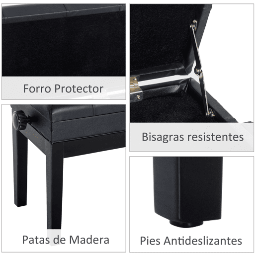 HOMCOM Banco de Piano com Espaço de Armazenamento e Altura Ajustável Banco para Piano com Assento Acolchoado Carga 200 kg 54,5x33x48-58 cm Preto