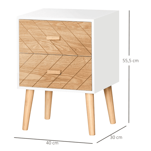 HOMCOM Mesa de Cabeceira com 2 Gavetas Mesa de Cabeceira com Espaço de Armazenamento para Dormitório 40x30x55,5 cm Branco e Madeira