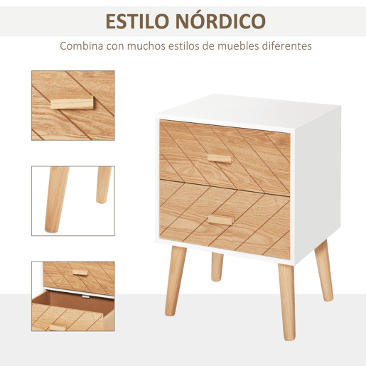 HOMCOM Mesa de Cabeceira com 2 Gavetas Mesa de Cabeceira com Espaço de Armazenamento para Dormitório 40x30x55,5 cm Branco e Madeira