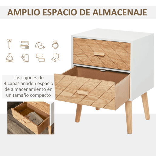 HOMCOM Mesa de Cabeceira com 2 Gavetas Mesa de Cabeceira com Espaço de Armazenamento para Dormitório 40x30x55,5 cm Branco e Madeira