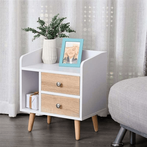 HOMCOM Mesa de Cabeceira Mesa de Cabeceira com 2 Gavetas Grandes 1 Prateleira Aberta e Pés Elevados Estilo Nórdico para Sala de Estar Dormitório 43x30x49 cm Branco e Madeira