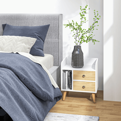HOMCOM Mesa de Cabeceira Mesa de Cabeceira com 2 Gavetas Grandes 1 Prateleira Aberta e Pés Elevados Estilo Nórdico para Sala de Estar Dormitório 43x30x49 cm Branco e Madeira