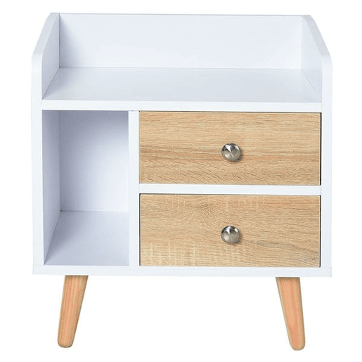 HOMCOM Mesa de Cabeceira Mesa de Cabeceira com 2 Gavetas Grandes 1 Prateleira Aberta e Pés Elevados Estilo Nórdico para Sala de Estar Dormitório 43x30x49 cm Branco e Madeira