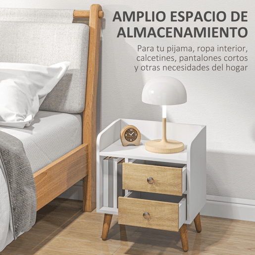 HOMCOM Mesa de Cabeceira Mesa de Cabeceira com 2 Gavetas Grandes 1 Prateleira Aberta e Pés Elevados Estilo Nórdico para Sala de Estar Dormitório 43x30x49 cm Branco e Madeira