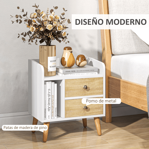 HOMCOM Mesa de Cabeceira Mesa de Cabeceira com 2 Gavetas Grandes 1 Prateleira Aberta e Pés Elevados Estilo Nórdico para Sala de Estar Dormitório 43x30x49 cm Branco e Madeira
