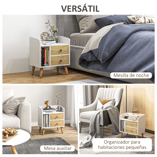 HOMCOM Mesa de Cabeceira Mesa de Cabeceira com 2 Gavetas Grandes 1 Prateleira Aberta e Pés Elevados Estilo Nórdico para Sala de Estar Dormitório 43x30x49 cm Branco e Madeira