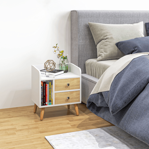 HOMCOM Mesa de Cabeceira Mesa de Cabeceira com 2 Gavetas Grandes 1 Prateleira Aberta e Pés Elevados Estilo Nórdico para Sala de Estar Dormitório 43x30x49 cm Branco e Madeira