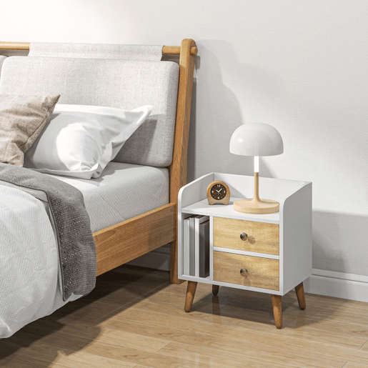 HOMCOM Mesa de Cabeceira Mesa de Cabeceira com 2 Gavetas Grandes 1 Prateleira Aberta e Pés Elevados Estilo Nórdico para Sala de Estar Dormitório 43x30x49 cm Branco e Madeira