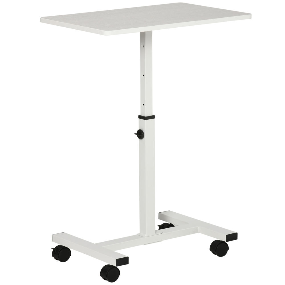 Homcom mesa auxiliar con ruedas mesita lateral para sofá cama con altura ajustable marco de metal y frenos para dormitorio salón 60x40x52,5-84 cm blanco