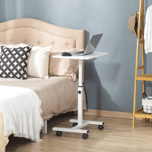 HOMCOM Mesa Auxiliar com Rodas Mesa Lateral para Sofá ou Cama com Altura Ajustável Estrutura de Metal e Freios para Dormitório Sala de Estar 60x40x52,5-84cm Branco
