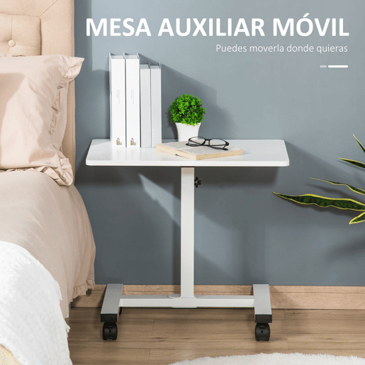 HOMCOM Mesa Auxiliar com Rodas Mesa Lateral para Sofá ou Cama com Altura Ajustável Estrutura de Metal e Freios para Dormitório Sala de Estar 60x40x52,5-84cm Branco
