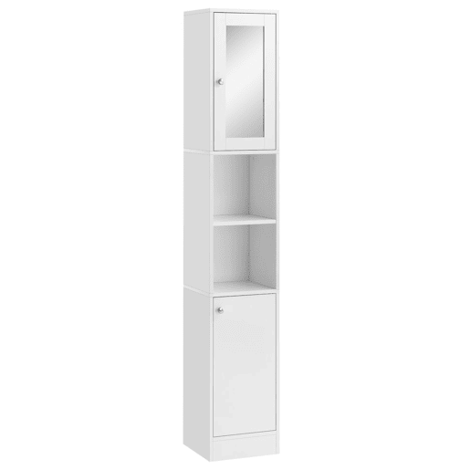 Kleankin Coluna Casa de Banho com Espelho Móvel Alto Casa de Banho Madeira com 2 Prateleiras Abertas e 2 Portas com Prateleiras Interiores Ajustáveis 30x28x180cm Branco