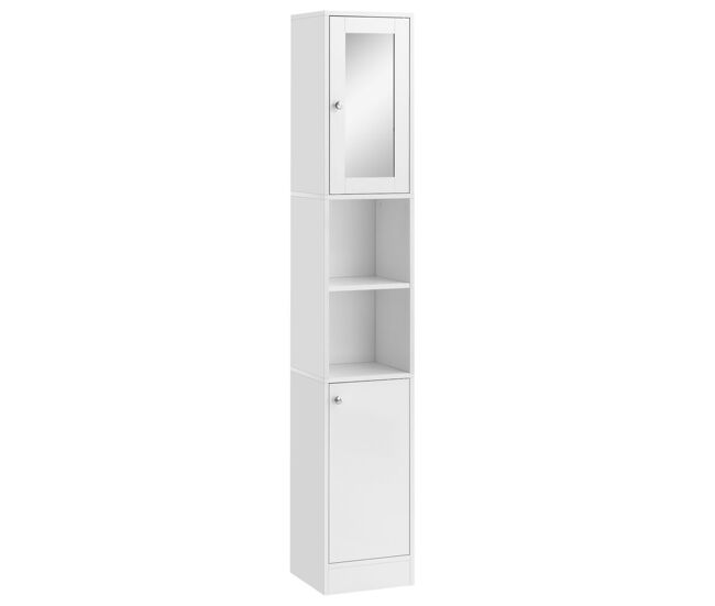 Kleankin armario alto para baño con espejo mueble columna de baño madera con 2 estantes abiertos 2 puertas y baldas interiores ajustables 30x28x180 cm blanco