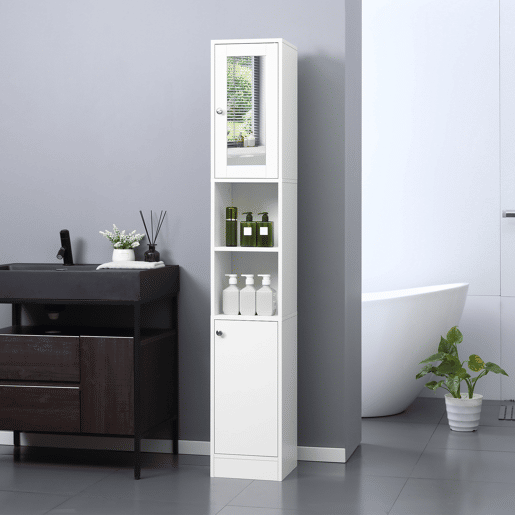 Kleankin Coluna Casa de Banho com Espelho Móvel Alto Casa de Banho Madeira com 2 Prateleiras Abertas e 2 Portas com Prateleiras Interiores Ajustáveis 30x28x180cm Branco