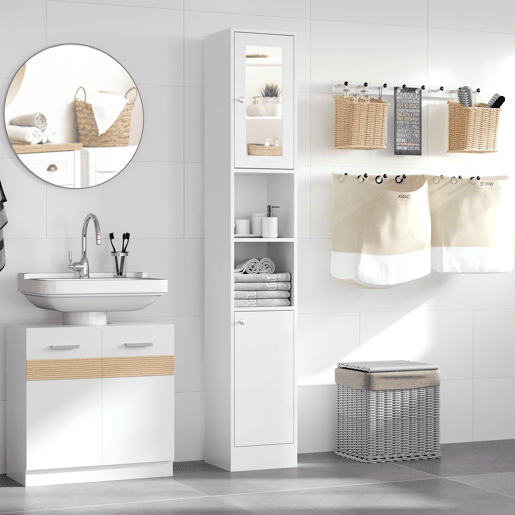 Kleankin Coluna Casa de Banho com Espelho Móvel Alto Casa de Banho Madeira com 2 Prateleiras Abertas e 2 Portas com Prateleiras Interiores Ajustáveis 30x28x180cm Branco