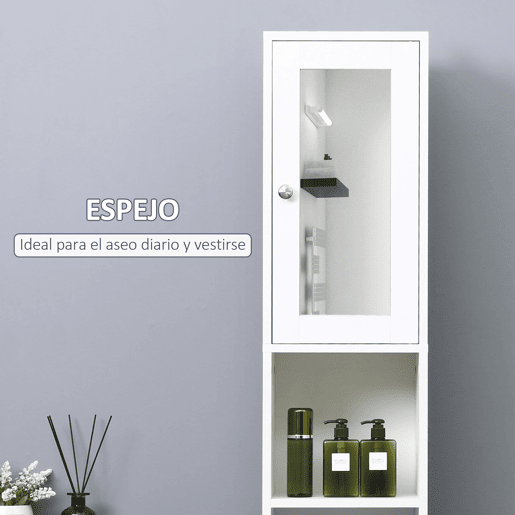 Kleankin Coluna Casa de Banho com Espelho Móvel Alto Casa de Banho Madeira com 2 Prateleiras Abertas e 2 Portas com Prateleiras Interiores Ajustáveis 30x28x180cm Branco