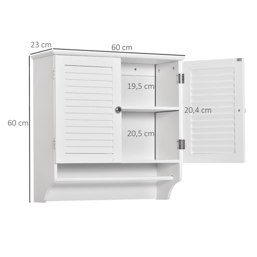 Kleanklin Armário Casa de Banho de Parede com 2 Portas de Persiana Prateleira Interior e Barra para Toalhas Móvel Auxiliar Suspenso Moderno Multiuso para Cozinha 60x23x60cm Branco