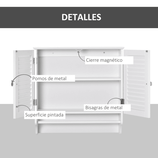 Kleanklin Armário Casa de Banho de Parede com 2 Portas de Persiana Prateleira Interior e Barra para Toalhas Móvel Auxiliar Suspenso Moderno Multiuso para Cozinha 60x23x60cm Branco
