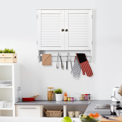 Kleanklin Armário Casa de Banho de Parede com 2 Portas de Persiana Prateleira Interior e Barra para Toalhas Móvel Auxiliar Suspenso Moderno Multiuso para Cozinha 60x23x60cm Branco