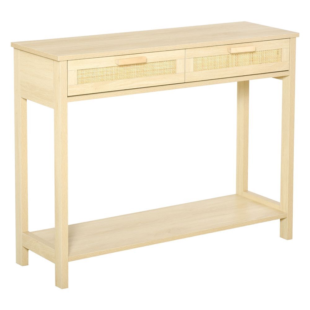 Homcom mesa consola mesa de entrada con 2 cajones de la superficie de ratán y estante inferior para pasillo salón dormitorio de estilo rústico 100x30x76 cm natural