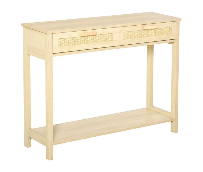 Homcom mesa consola mesa de entrada con 2 cajones de la superficie de ratán y estante inferior para pasillo salón dormitorio de estilo rústico 100x30x76 cm natural