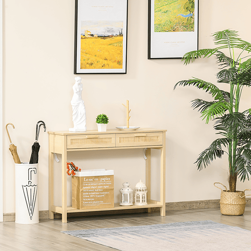 HOMCOM Mesa de console em malha Mesa de entrada com 2 gavetas e prateleira inferior para o corredor Quarto sala de estar Estilo rústico 100x30x76 cm Natural
