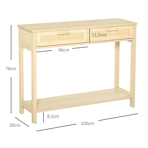 HOMCOM Mesa de console em malha Mesa de entrada com 2 gavetas e prateleira inferior para o corredor Quarto sala de estar Estilo rústico 100x30x76 cm Natural