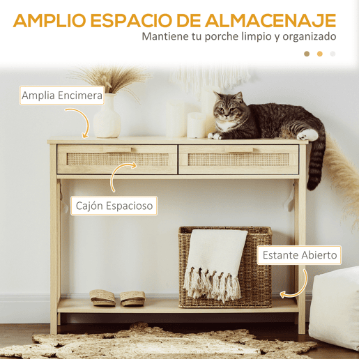 HOMCOM Mesa de console em malha Mesa de entrada com 2 gavetas e prateleira inferior para o corredor Quarto sala de estar Estilo rústico 100x30x76 cm Natural
