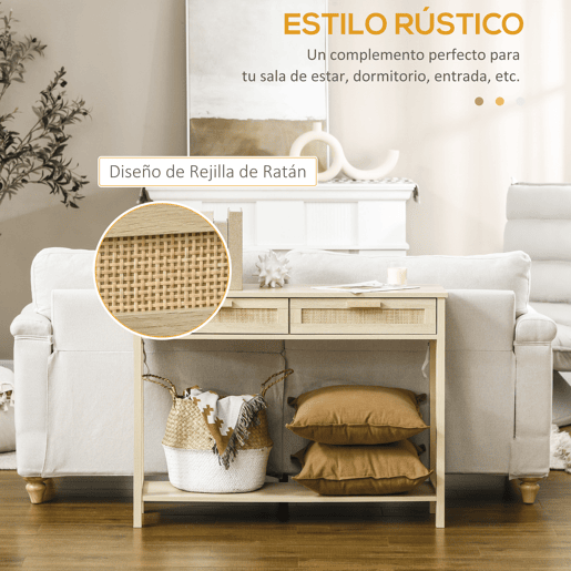 HOMCOM Mesa de console em malha Mesa de entrada com 2 gavetas e prateleira inferior para o corredor Quarto sala de estar Estilo rústico 100x30x76 cm Natural