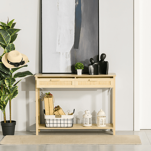 HOMCOM Mesa de console em malha Mesa de entrada com 2 gavetas e prateleira inferior para o corredor Quarto sala de estar Estilo rústico 100x30x76 cm Natural