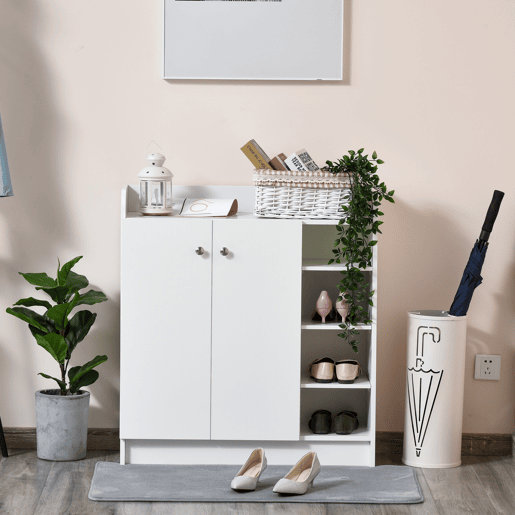 HOMCOM Sapateira Armário Multiuso com 2 Portas Prateleiras Interiores e 4 Prateleiras Exteriores com Altura Ajustável 83x30x90 cm Branco