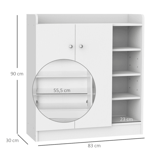 HOMCOM Sapateira Armário Multiuso com 2 Portas Prateleiras Interiores e 4 Prateleiras Exteriores com Altura Ajustável 83x30x90 cm Branco