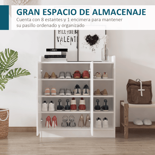 HOMCOM Sapateira Armário Multiuso com 2 Portas Prateleiras Interiores e 4 Prateleiras Exteriores com Altura Ajustável 83x30x90 cm Branco